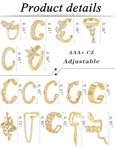 16 Pcs Ear Cuff Earrings for Women Non Piercing Gold Silver Plated Ear Cuffs Non Pierced Snake Leaf CZ Star Feather Waterdrop Chain Ears Cuff Wrap Earring Clip on Cartilage Helix Fake Earrings Lightweight Adjustable - color: Gold