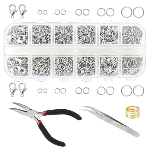 1200 Pcs Open Jump Rings, Jump Rings for Jewelry Making, Necklace Keychain Repair Kit with Making Tools Tweezer, Plier, Lobster Claw Clasps, Open Rings for DIY Crafts Keychains (Sliver) - color: Sliver
