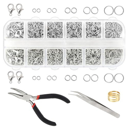 1200 Pcs Open Jump Rings, Jump Rings for Jewelry Making, Necklace Keychain Repair Kit with Making Tools Tweezer, Plier, Lobster Claw Clasps, Open Rings for DIY Crafts Keychains (Sliver) - color: Sliver