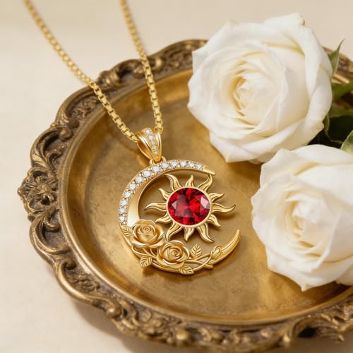 Midari 18K Yellow Gold Sun Moon Star Pendant Rose Flower Necklaces I Love You Forever Sun Moon Jewelry Gift for Mother Women - color: 01-Jan-Garnet, style: Sun&Moon