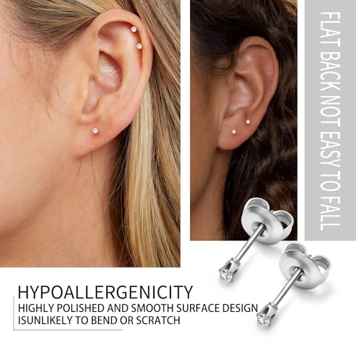 316L Stainless Steel Stud Set for Women Men, 20G Hypoallergenic Cartilage Jewelry with 2mm–8mm CZ Zirconia, Silver & Gold for Sensitive Ear Piercing - color: Silver