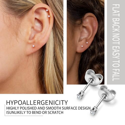 316L Stainless Steel Stud Set for Women Men, 20G Hypoallergenic Cartilage Jewelry with 2mm–8mm CZ Zirconia, Silver & Gold for Sensitive Ear Piercing - color: Silver