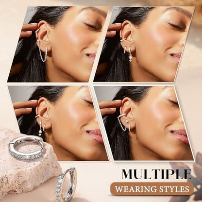 4 Pairs Small Hoop Earrings for Women 14K Gold Plated | Trendy Chain Drop Earrings Set, Hypoallergenic CZ Huggie Hoops, Lightweight Cartilage Earring Stacks - color: Silver Plated-pearl hoop