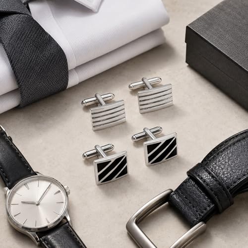LUOZZY 2pair French Cufflinks for Men Luxury Silver Plated Rectangle Shirt Studs Classic Black Enamel Diagonal Stripes Business Tuxedo Suit Accessories Modern Grooved Line Set