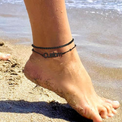 U7 Custom Layered Ankle Bracelets for Women Stainless Steel Bead/Cuban/Figaro/Rope/Wheat Chain Anklet Waterproof Anklet Jewelry for Beach Vacation - color: c-Black-Wheat Chain