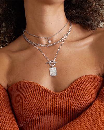 MJartoria Layered Initial Necklaces for Women | 14K Gold Plated Brass, Star Choker, Square Letter Pendant, Paperclip Chain - color: Silver, style: V