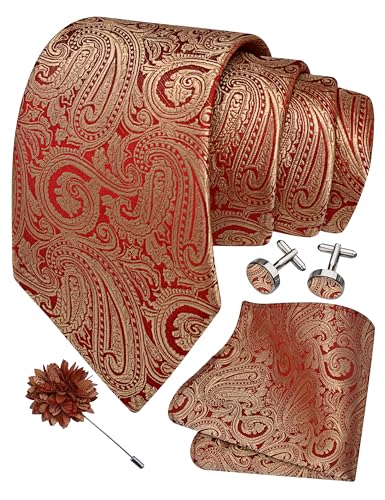GUSLESON 3.15"（8cm） Mens Tie and Lapel Pin Paisley Necktie Hankerchief Cufflinks Set for Men - color: Gold Red