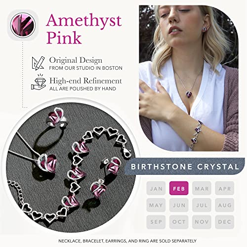 Leafael Infinity Love Heart Gift Bracelet for Women, Birthstone or Healing Stone Crystal, Silver Tone Birthday Jewelry for Her, Mom, and Wife, 7-inch Chain and 2-inch Extender - color: 02a-February-Amethyst Dark Pink