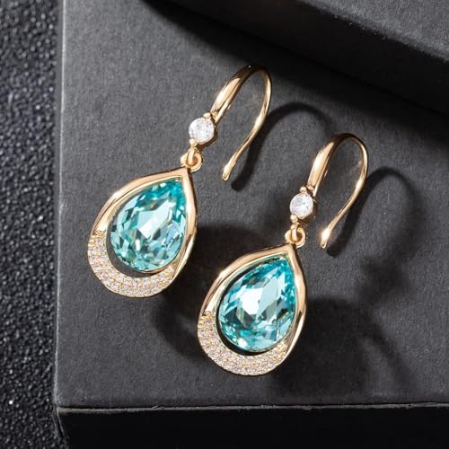 Austrian Crystal Halo Teardrop Hollow Drop Dangle Earrings for Women 14K Rose Gold Plated Hypoallergenic Jewelry Gifts - color: Aquamarine
