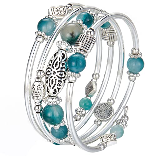 BULINLIN Layered Wrap Bangle Turquoise Bracelet - Bead Bracelet with Natural Agate Stone, Gifts For Women - color: 03-Jade Green