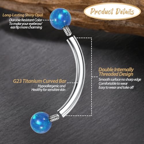 GAGABODY Titanium Eyebrow Jewelry - Curved Barbell & Labret Stud, 16g - Belly Button Ring & Cartilage Earring - Opal Bridge Jewelry - color: 1Pc-Silver+Ball Shape Blue Opal