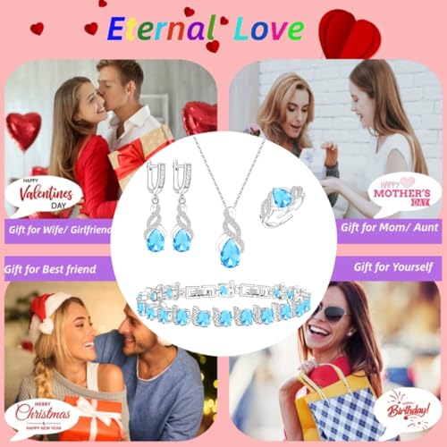 LMXXVJ Jewelry Set for Women,Teardrop Cubic Zirconia Necklace Earrings Adjustable Ring Bracelet Jewelry Set Formal Jewelry Gift - color: MHSD-White Gold-Sky Blue
