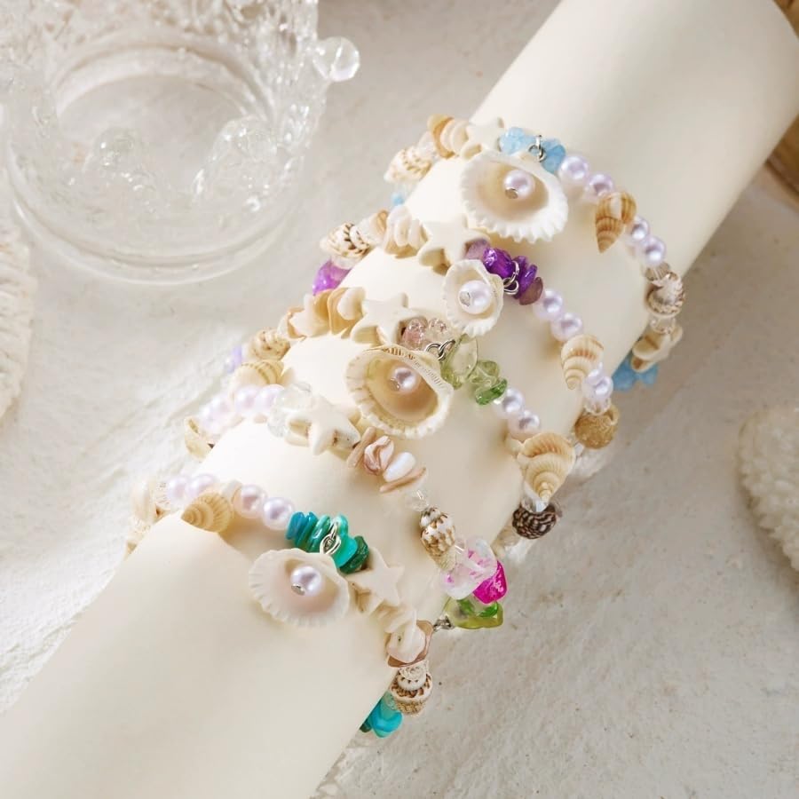 Handmade Natural Shell Starfish Beads Bracelets with a Wish Card Bohemia Sweet Seashell Conch Pearl Charm Bracelets for Women Boho Sea Themed Summer Beach Surfer Vacation Jewelry Gifts - style: StyleG