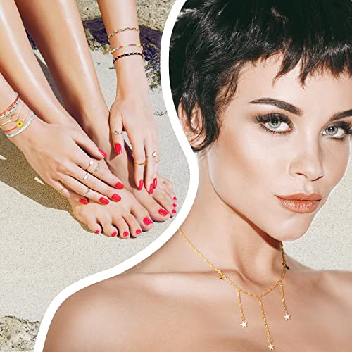 Batiyeer 60 Pcs Boho Surfer Wave Bracelet and Necklace Set for Women, Summer Beach Y2k Layered Choker Anklets Knuckle Rings - style: Bohemian,Chain