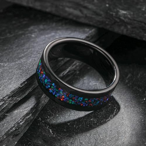 NUNCAD Black Tungsten Ring, Men's Wedding Rings with Blue/Amethyst/Galaxy Opal Ring 4mm 8mm Engagement Promise Ring Comfort Fit Size 5-12 - color: Galaxy Opal & 8mm
