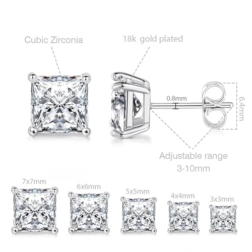 MDFUN 5 Pairs Square Earrings Set for Women Hypoallergenic 18K White Gold/Yellow Gold/Rose Gold Plated Princess Cut Clear Cubic Zirconia Stud Earring 3-7MM Pack of 5 - color: White Gold