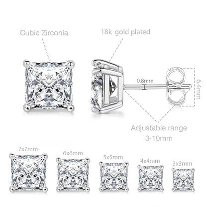 MDFUN 5 Pairs Square Earrings Set for Women Hypoallergenic 18K White Gold/Yellow Gold/Rose Gold Plated Princess Cut Clear Cubic Zirconia Stud Earring 3-7MM Pack of 5 - color: White Gold