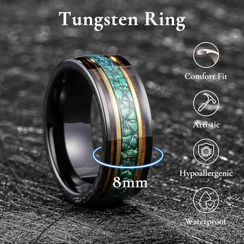 King Will Wood Wedding Band Wood Inlay for Men - color: Wood & Green Leather-8mm