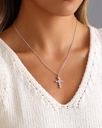 Cross Necklace for Women, 14K Gold Plated Cubic Zirconia Cross Pendant Necklace, Trendy Christian Jewelry Gifts for Baptism First Communion Christmas - color: Style B - Silver
