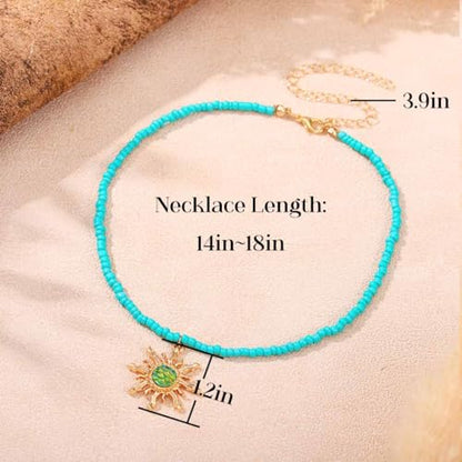 Tgirls Boho Beaded Choker Necklace Opal Bead Necklace Sun Pendant Summer Jewelry for Women - color: Turquoise