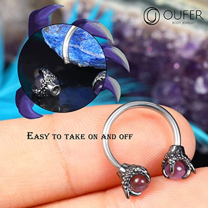 OUFER 316L Surgical Steel Circular Earrings Two White Opals Surrounded by Dragon Claws Cartilage Earing Ear Body Piercing Jewelry Helix Earrings Piercing… - color: Steel Amethyst