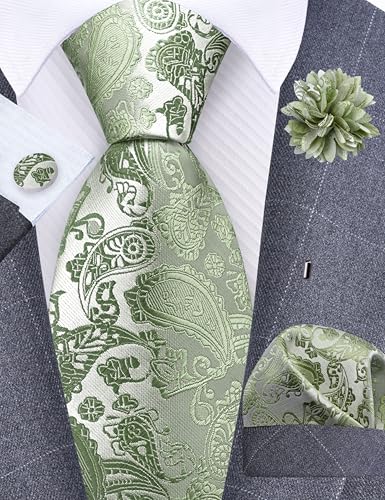 GUSLESON 3.15"（8cm） Mens Paisley Tie and Lapel Pin Necktie Hankerchief Cufflinks Set for Men - color: Dark Sage Green