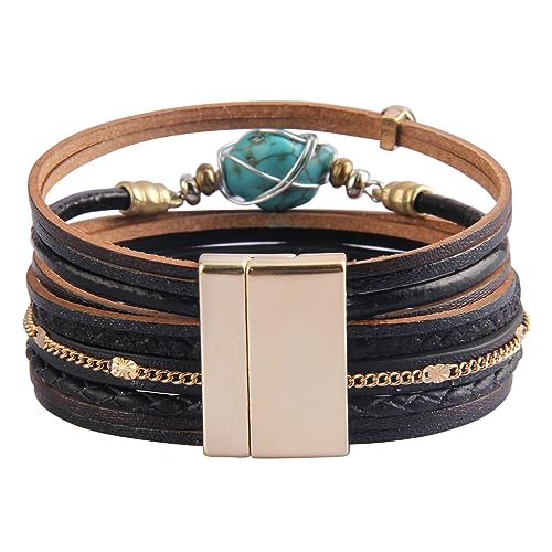 GelConnie Womens Leather Cuff Bracelet Feather Multi Strand Bracelet Wrap Bracelet Turquoise Boho Bangle Braided Leather Wristbands Bohemian Jewelry Gifts for Women Wife Sister - color: Black Leather Bracelet