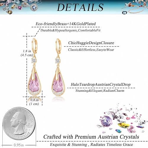 Trendy Austrian Crystal Teardrop Drop Huggie Dangle Earrings for Women 14k Rose Gold Plated Hypoallergenic Jewelry Gifts - color: Pink