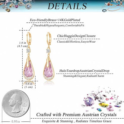 Trendy Austrian Crystal Teardrop Drop Huggie Dangle Earrings for Women 14k Rose Gold Plated Hypoallergenic Jewelry Gifts - color: Pink