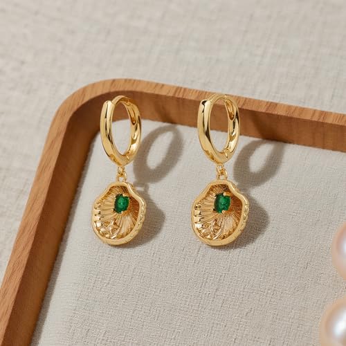 Sonateomber Gold Silver Small Hoop Dangle Earrings for Women, Trendy Dainty Rhinestone CZ Dangling Prom Wedding Leaf Flower Snowflake Butterfly Starfish Fashion Jewelry Gift - color: Shell