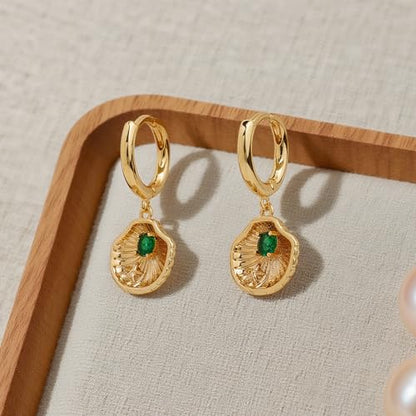 Sonateomber Gold Silver Small Hoop Dangle Earrings for Women, Trendy Dainty Rhinestone CZ Dangling Prom Wedding Leaf Flower Snowflake Butterfly Starfish Fashion Jewelry Gift - color: Shell