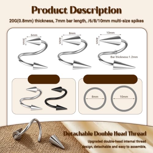 Spike Nose Rings Spiral Lip Rings Stainless Steel Black Long Spike Earrings | Cartilage Helix Piercing Punk Spike Lower Labret Studs Piercing Jewelry - color: Bar Length:8mm