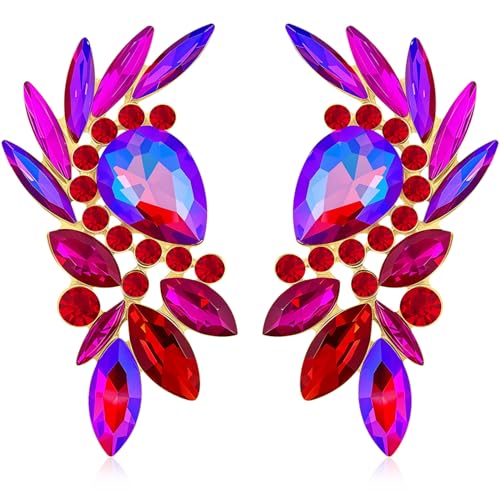 Bohemian Dainty Sparkly Crystal Teardrop Flower Dangle Drop Earrings Unique Lightweight Glitter Rhinestone Geometry Floral Stud Earrings For Women - style: Rose Red