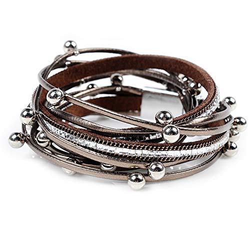Artilady Leather Wrap Bracelet for Women, Pearl Beaded Bangle Stack Jewelry | Easy on-off, Elegant Handmade Multi-Layered, Daily Casual Date Beach Vacation, Gift for Ladies, Mother, Sister & Friend - style: Brown with Beads