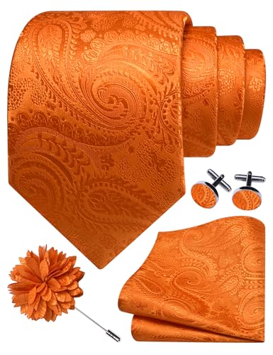 GUSLESON Paisley Tie Set for Men 3.15" Necktie Lapel Pin Hankerchief Cufflinks Set for Men - color: Orange