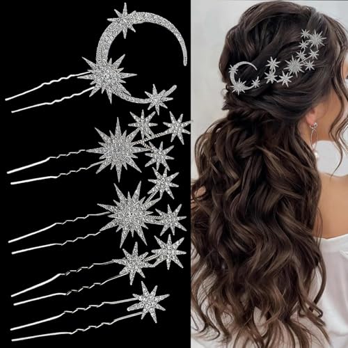 5 Pcs Celestial Crystal Bridal Hair Pins Set, Star & Moon Rhinestone Hair Accessories for Wedding, Goddess-Style Hair Pieces for Women(Silver) - color: Silver