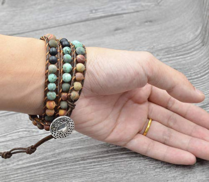 Fashion Love Heart Beaded Leather 3 Wrap Bracelets for Women Handmade Boho Natural Stone Ball Beads Wrist Bracelet Nice Gifts New Adjustable