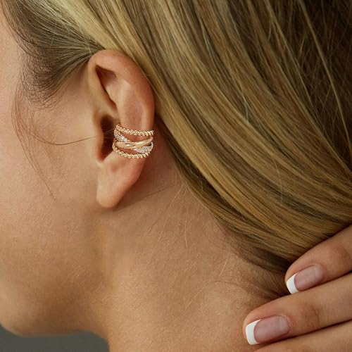 Gold Ear Cuff Earring for Women 14K Gold Plated Cubic Zirconia Non-Pierced Clip on Cartilage Chunky Ear Cuffs Hypoallergenic Jewelry - style: x rope / pair