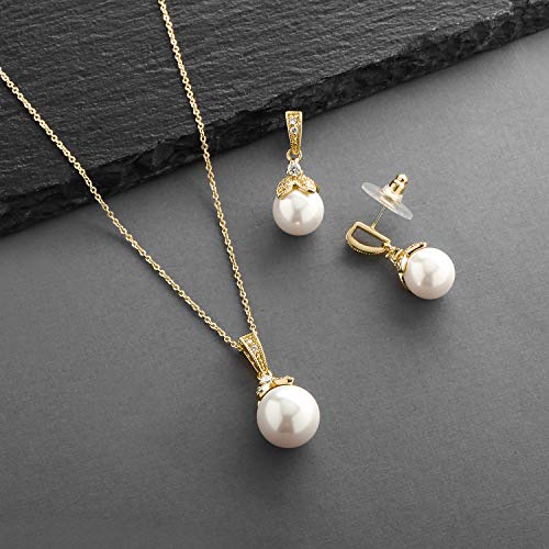Mariell Pearl Drop Bridal Necklace Earrings Set with CZ Crystals for Bride, Bridesmaid, Birthday Gift - color: Gold Necklace Earrings Set