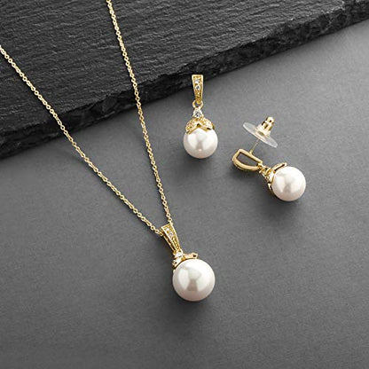 Mariell Pearl Drop Bridal Necklace Earrings Set with CZ Crystals for Bride, Bridesmaid, Birthday Gift - color: Gold Necklace Earrings Set