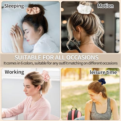 Large Silk Scrunchies for Women - 6PCS Satin Hair Ties Oversized, No Damage Hair Bands Gentle for Thick/Long Hair, Soft & Comfortable for Sleeping, Gym, Travel (Red/Black/Brown)