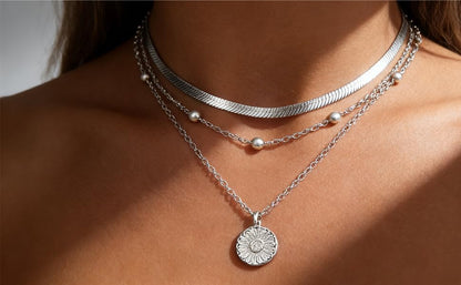 Necklaces 14K Silver Plated Three-Layer Set Shiny Ball Small Chain Circle Pendant Opulent Jewelry Lobster Clasp Adjustable Extende - style: 14K Silver 3-Layered+Bead Chain+Snake Chain