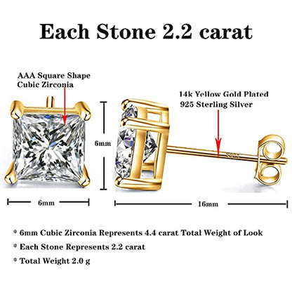 925 Sterling Silver Stud Earrings 4 Prong Princess Cut Square Cubic Zirconia Ear Stud for Women Men CZ 4mm-7mm - style: Yellow Gold--4.40cttw (6mm)