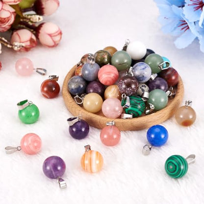 50Pcs Chakra Round Stone Pendants Mixed Healing Crystal Quartz Gemstone Charms for Necklace Jewelry Making Hole: 2x7mm - color: 6-Mixed Color-Ball-Random