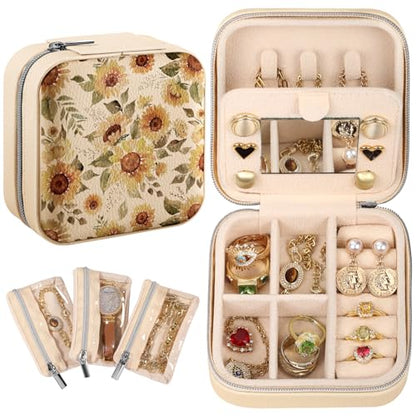 Bistup Travel Jewelry Case - Small Jewelry Organizers and Storage Box for Women Girls Teens Cute Traveling Jewelry Holder with Mirror Little Tiny Compact Modern Unique Aesthetic Pretty, Sunflower - style: Sunflower
