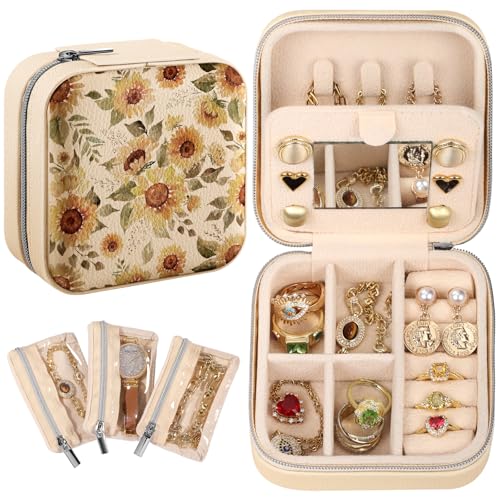 Bistup Travel Jewelry Case - Small Jewelry Organizers and Storage Box for Women Girls Teens Cute Traveling Jewelry Holder with Mirror Little Tiny Compact Modern Unique Aesthetic Pretty, Sunflower - style: Sunflower