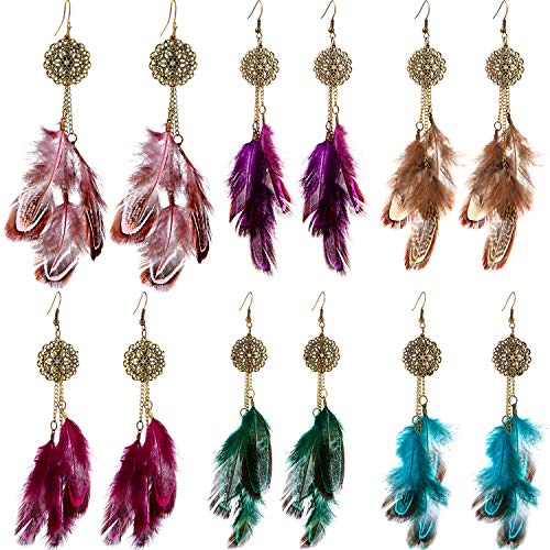 6 Pairs Women Faux Feather Earrings Dream Catcher Bohemian Fringe Tassel Long Drop Dangle Earrings Set with Design for Women - style: Style 8