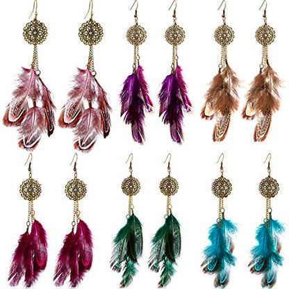 6 Pairs Women Faux Feather Earrings Dream Catcher Bohemian Fringe Tassel Long Drop Dangle Earrings Set with Design for Women - style: Style 8
