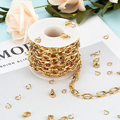 UMAOKANG Gold Plated Stainless Steel Cable Chain for Jewelry Making | 16.4 Feet PVD Gold Plating Permanent Jewelry Chain Chunky Oval Link Necklace Chains Bulk - color: Gold Cable