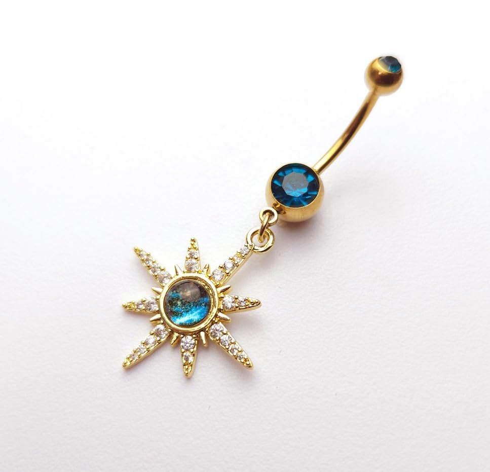 14G Blue CZ Evil Eye Sun Heart Dangle Belly Button Rings for Women 14K Gold Plated Surgical Steel Belly Navel Barbell Enamel Starry Sky Colorful Crystal Dangling Navel Rings Belly Piercing Jewelry - style: Style6